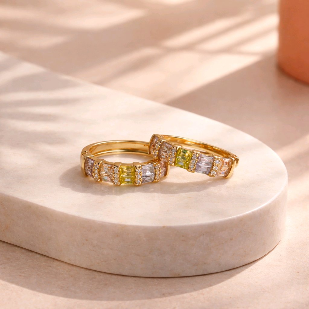 Aarvika CZ Crystal Gold Pastel CZ Huggie Hoop Earrings – back view