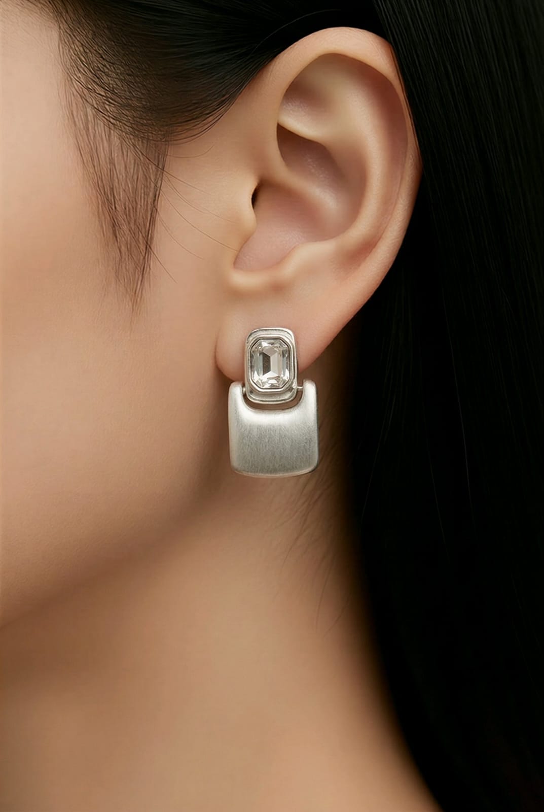 Aarvika CZ Crystal Silver Geometric CZ Drop Earrings – close-up detail