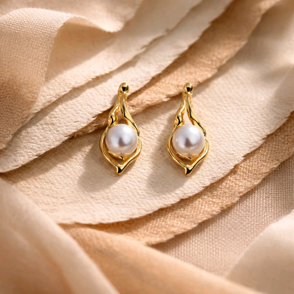 Aarvika Gold Abstract Pearl Drop Earrings – flat lay