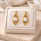 Aarvika Gold Abstract Pearl Drop Earrings – front view