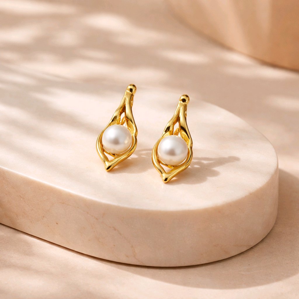 Aarvika Gold Abstract Pearl Drop Earrings – model wearing