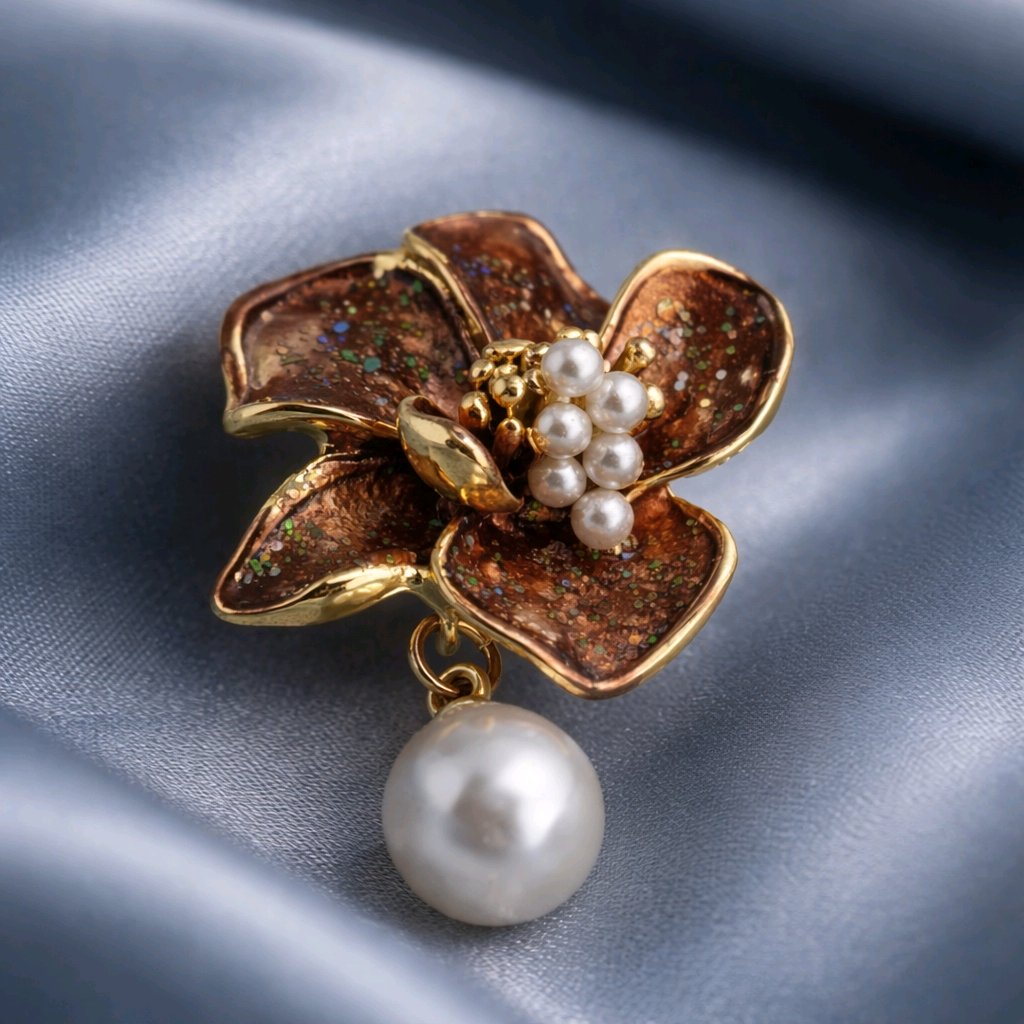 Aarvika Gold Floral Pearl Drop Earrings – close-up detail