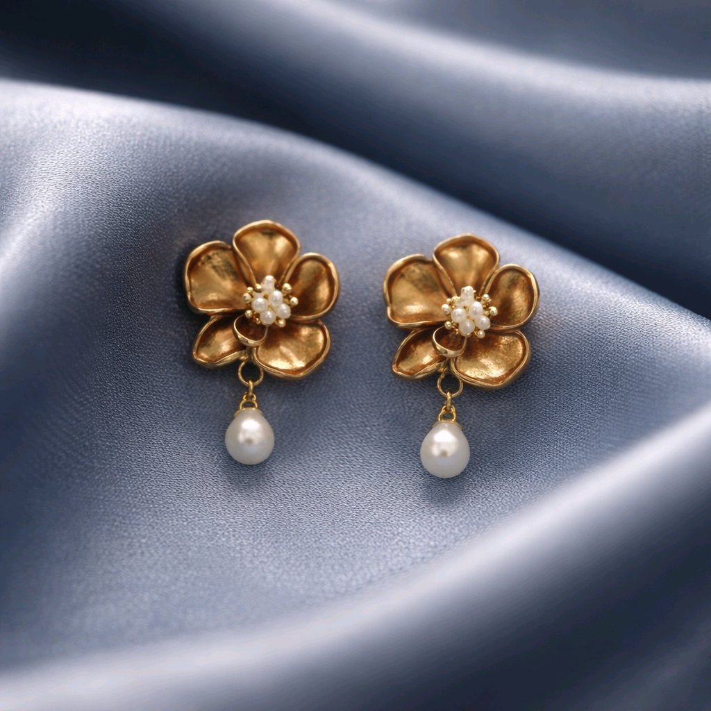 Aarvika Gold Floral Pearl Drop Earrings – side view