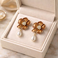 Aarvika Gold Floral Pearl Drop Earrings – front view