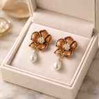 Aarvika Gold Floral Pearl Drop Earrings – front view
