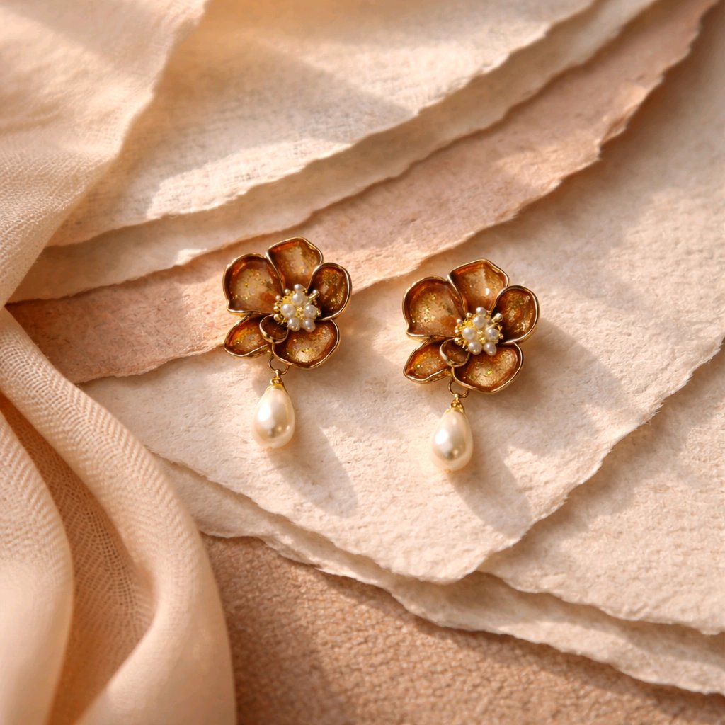 Aarvika Gold Floral Pearl Drop Earrings – flat lay