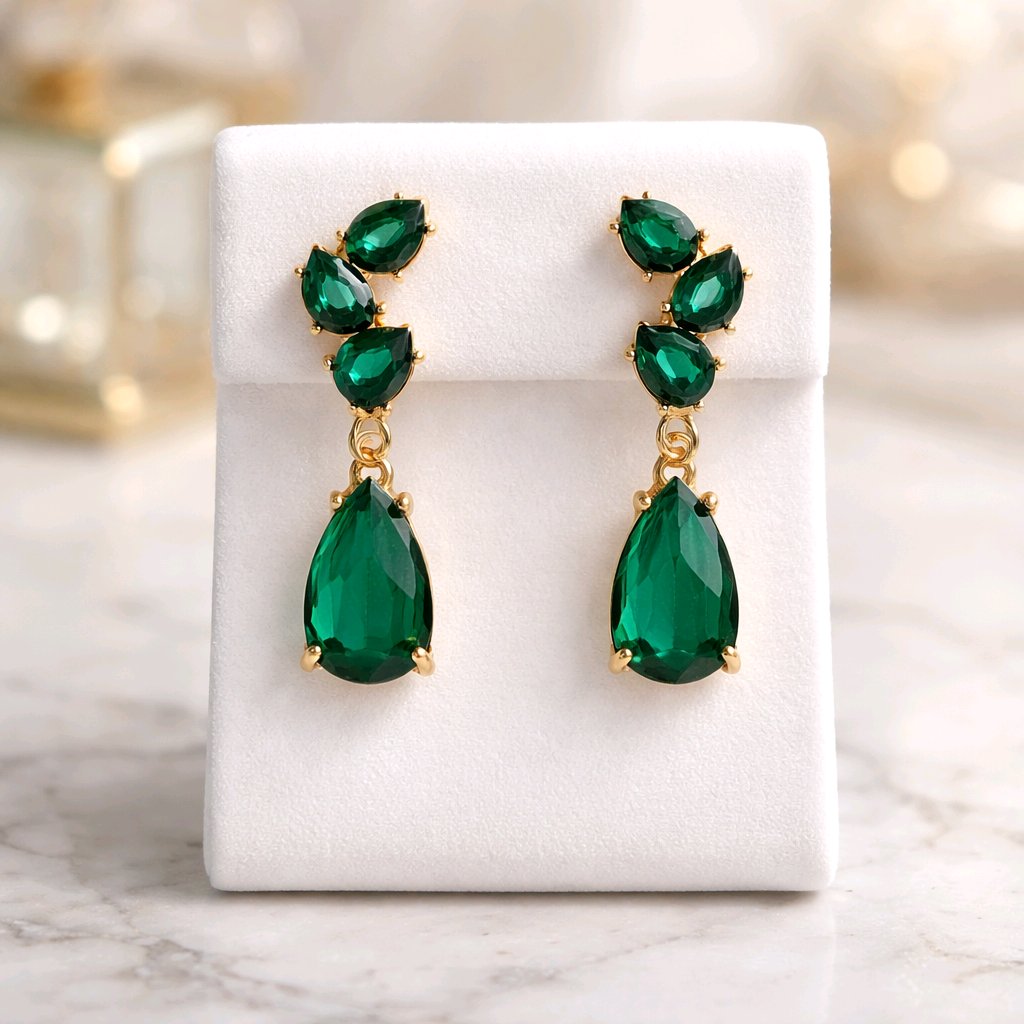Aarvika CZ Crystal Emerald Green Crystal Drop Earrings – front view