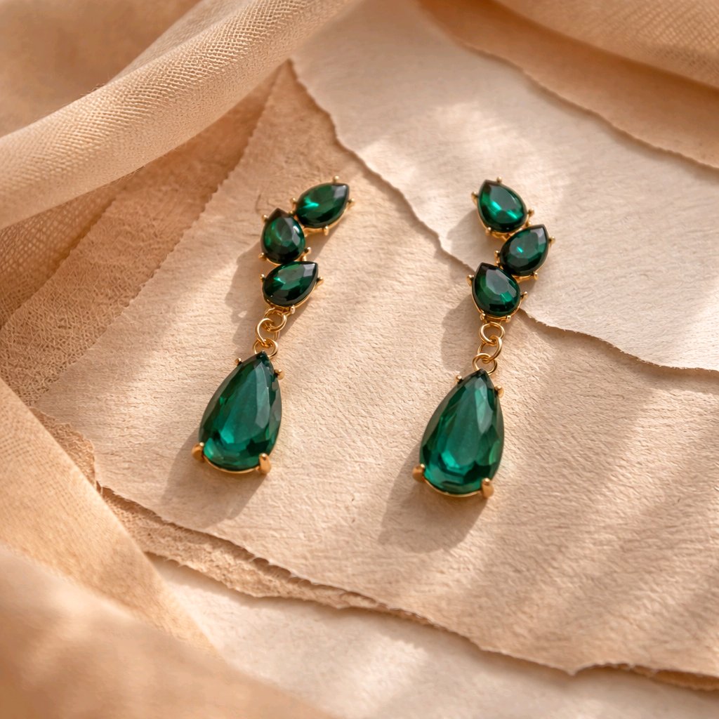 Aarvika CZ Crystal Emerald Green Crystal Drop Earrings – close-up detail