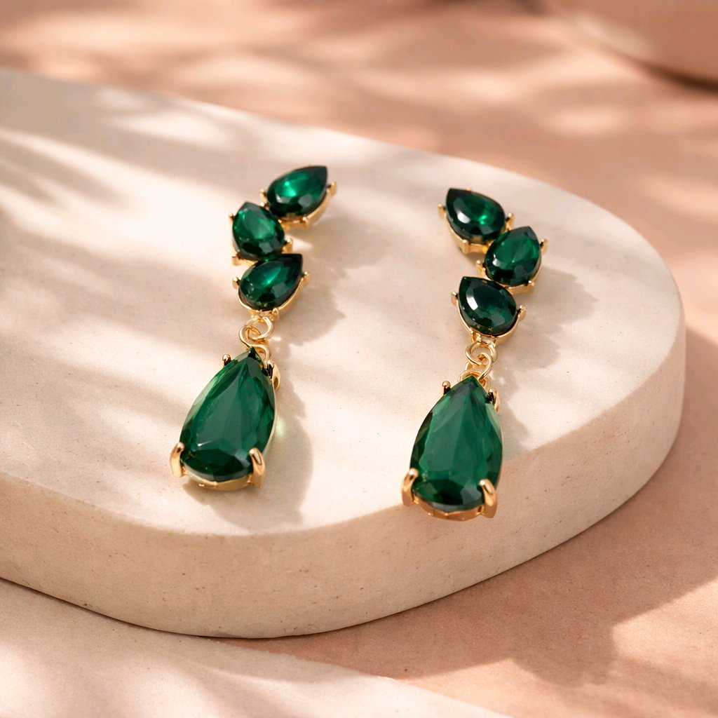 Aarvika CZ Crystal Emerald Green Crystal Drop Earrings – flat lay