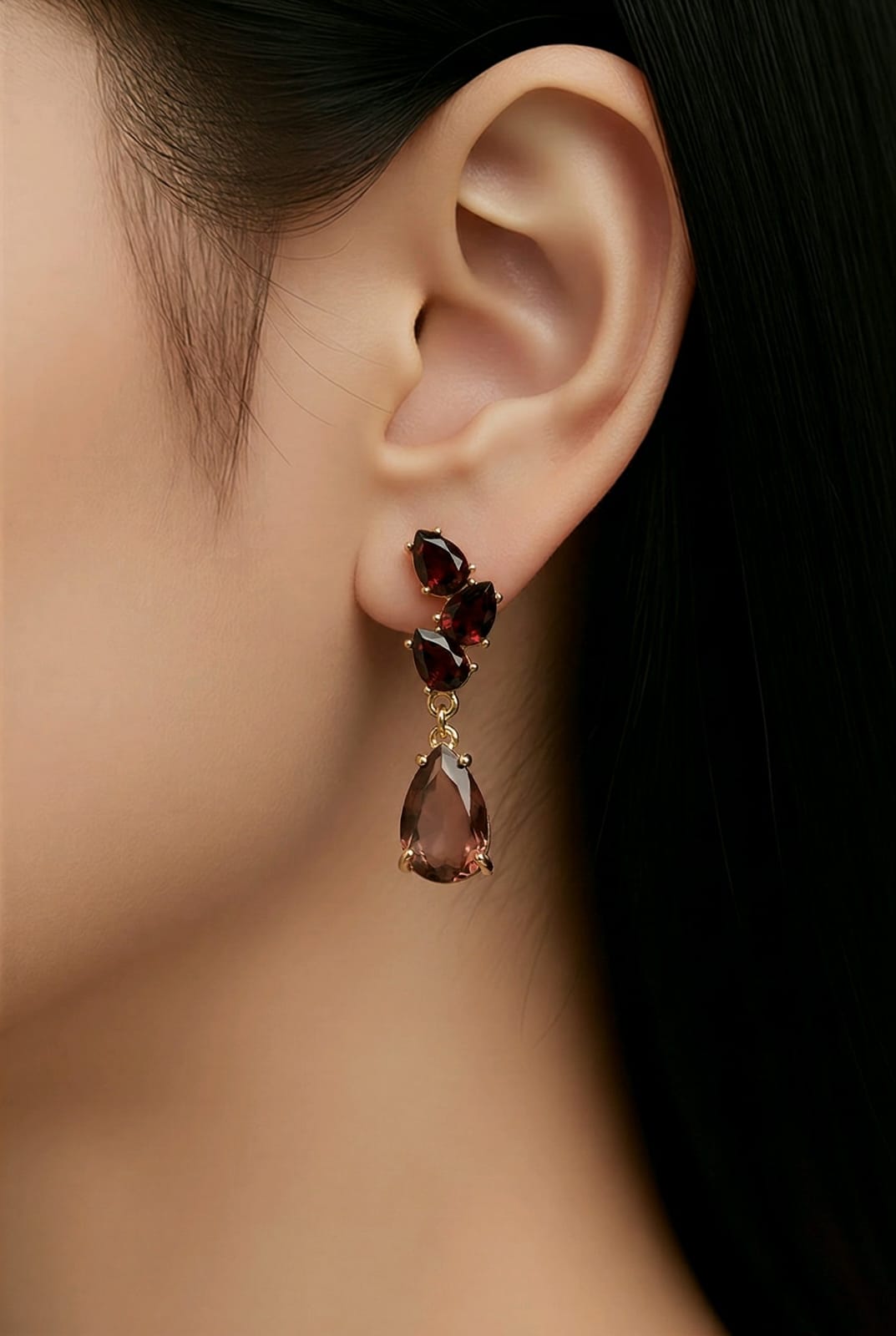Aarvika CZ Crystal Brown Crystal Teardrop Drop Earrings – close-up detail