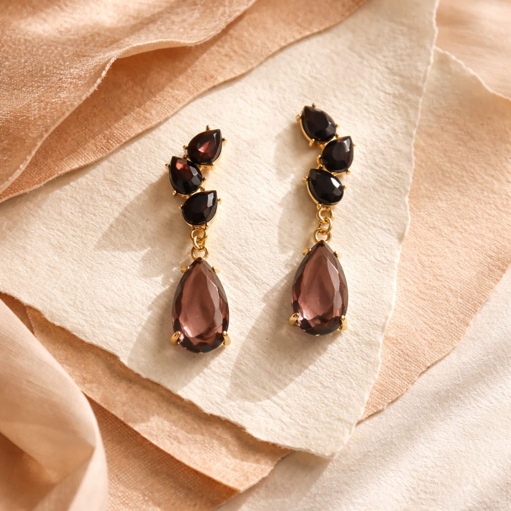 Aarvika CZ Crystal Brown Crystal Teardrop Drop Earrings – model wearing