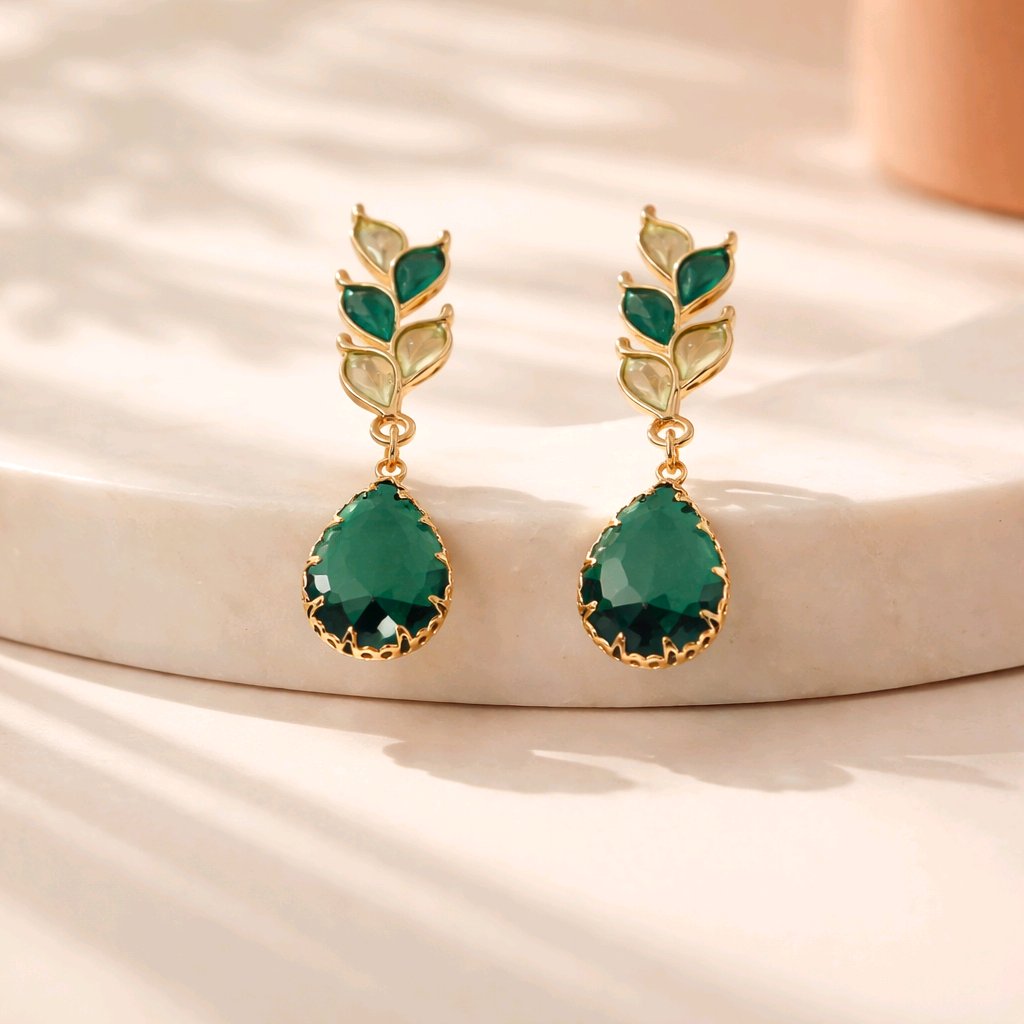 Aarvika CZ Crystal Emerald Green Teardrop Statement Earrings – side view