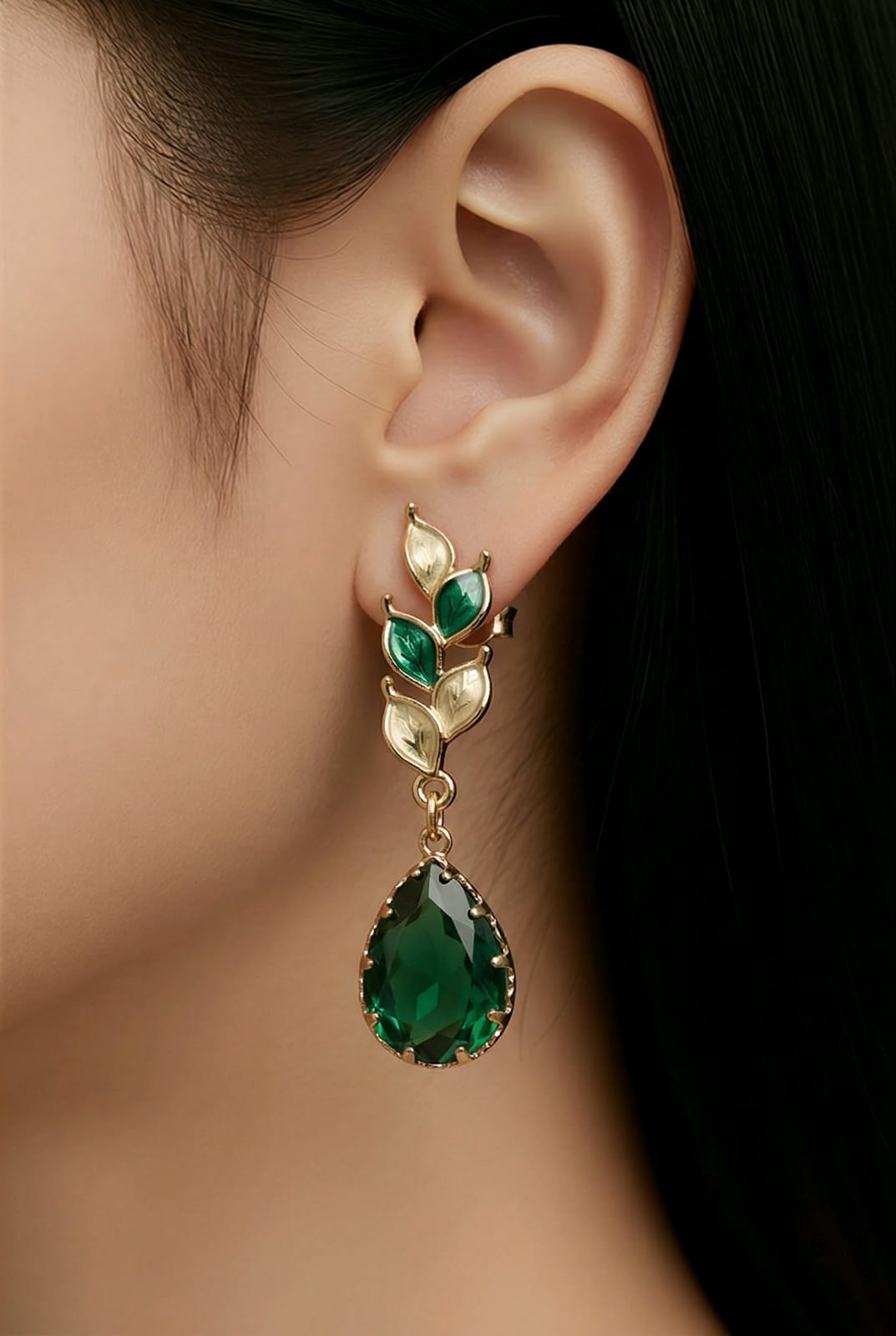 Aarvika CZ Crystal Emerald Green Teardrop Statement Earrings – close-up detail
