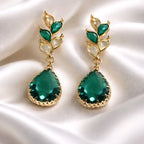 Aarvika CZ Crystal Emerald Green Teardrop Statement Earrings – front view