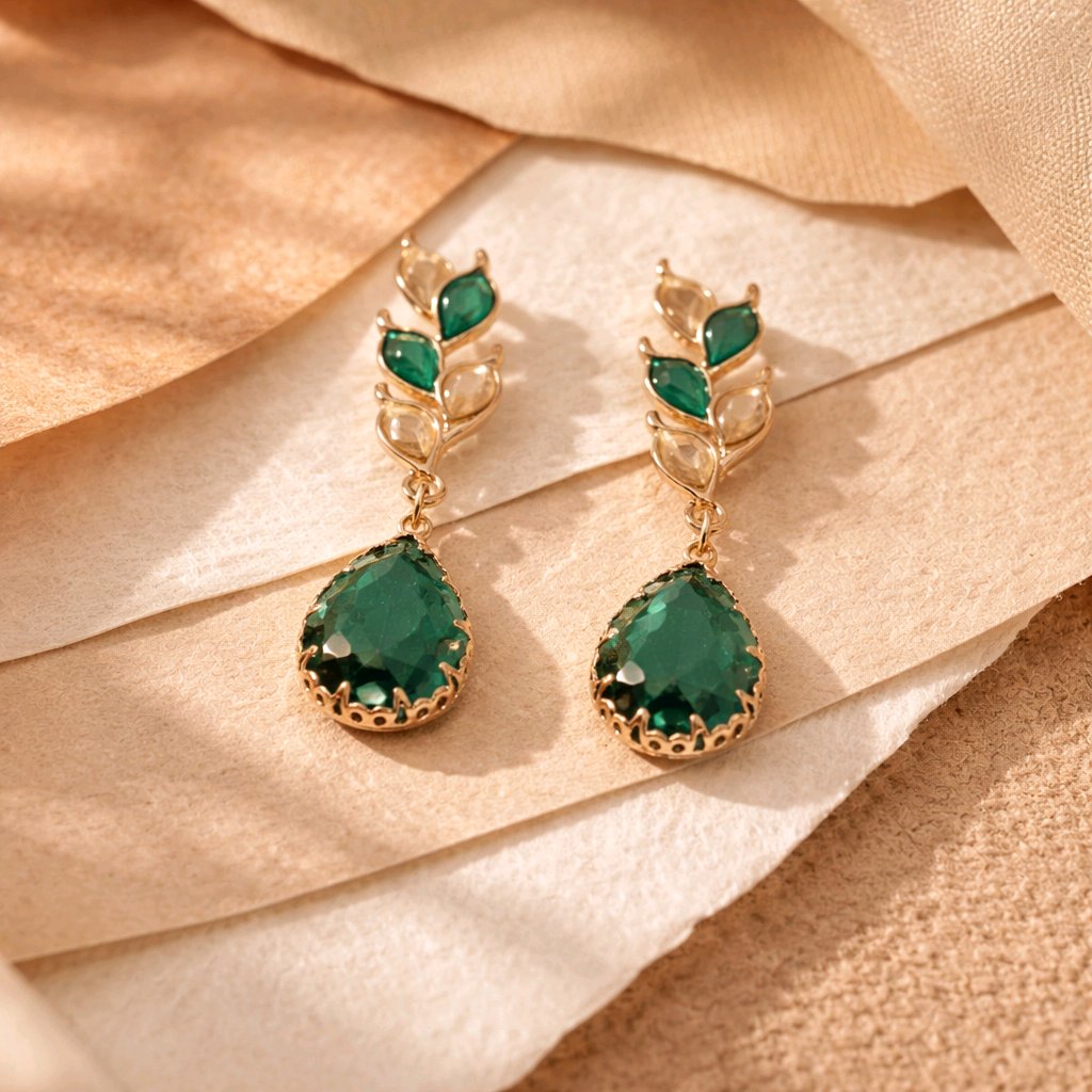 Aarvika CZ Crystal Emerald Green Teardrop Statement Earrings – flat lay
