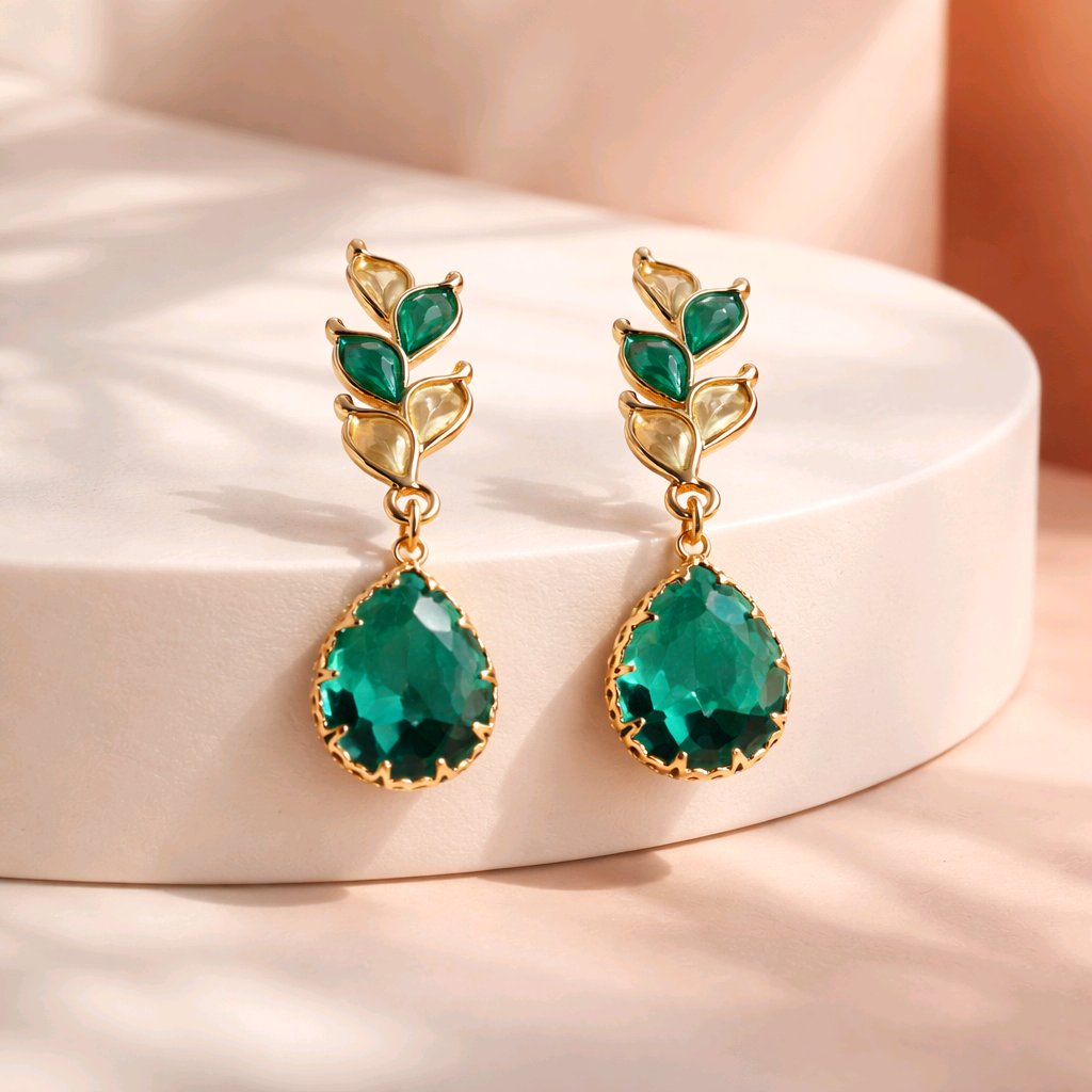 Aarvika CZ Crystal Emerald Green Teardrop Statement Earrings – model wearing