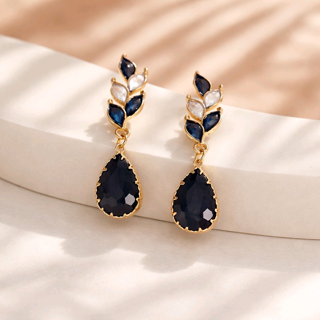 Aarvika CZ Crystal Black Teardrop Statement Earrings – side view