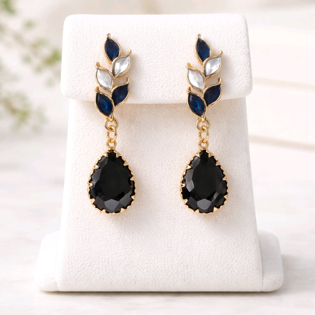 Aarvika CZ Crystal Black Teardrop Statement Earrings – front view