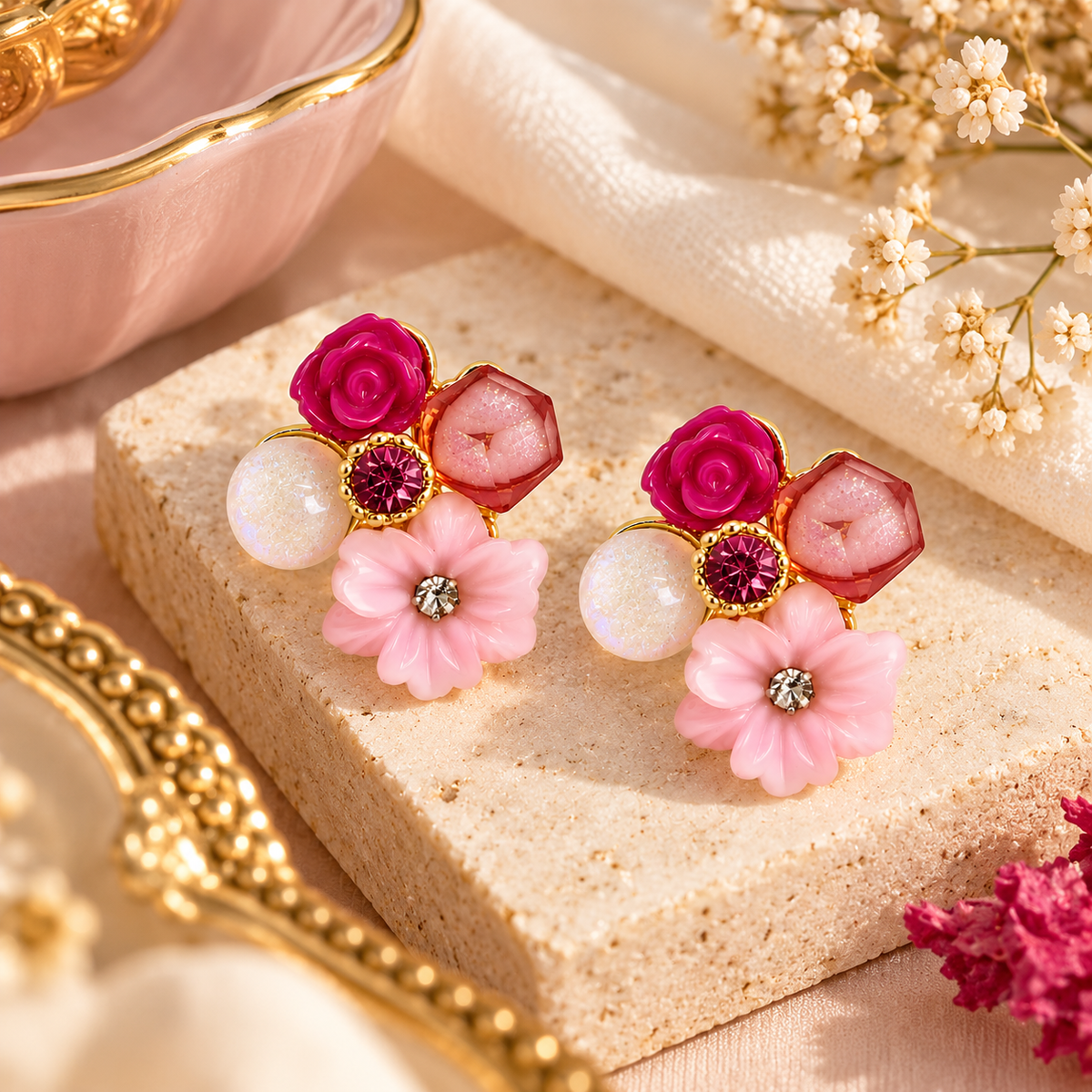 Aarvika Floral Resin Stud Earrings, Pink
