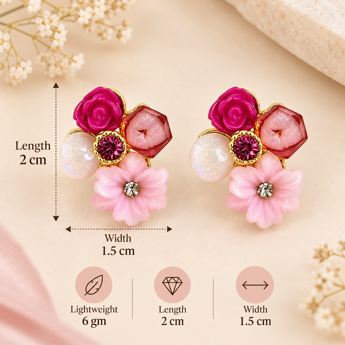 Aarvika Floral Resin Stud Earrings, Pink