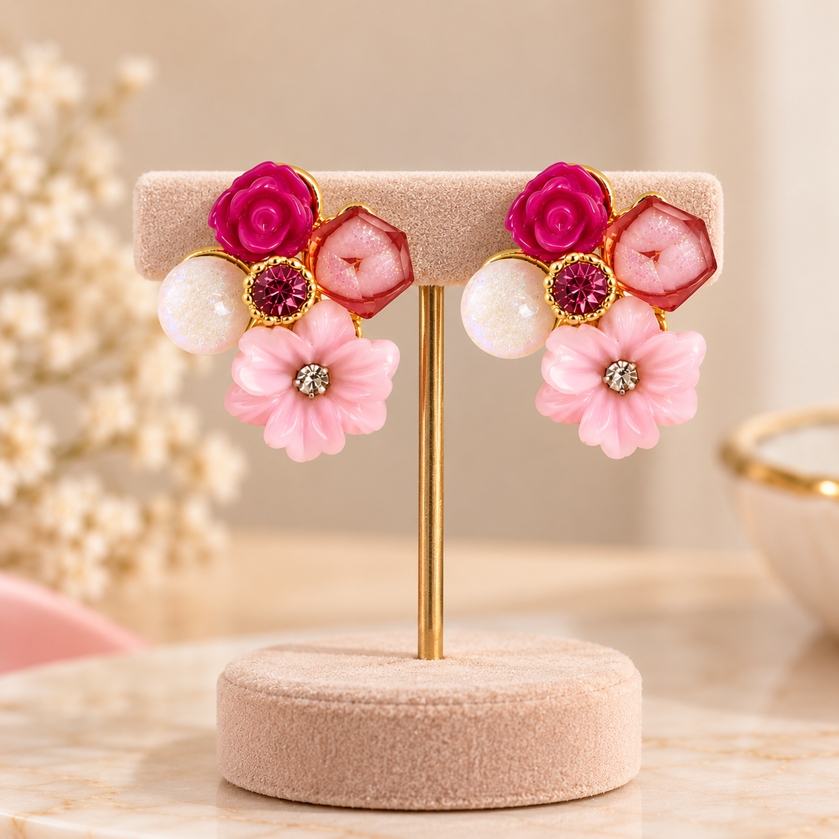 Aarvika Floral Resin Stud Earrings, Pink