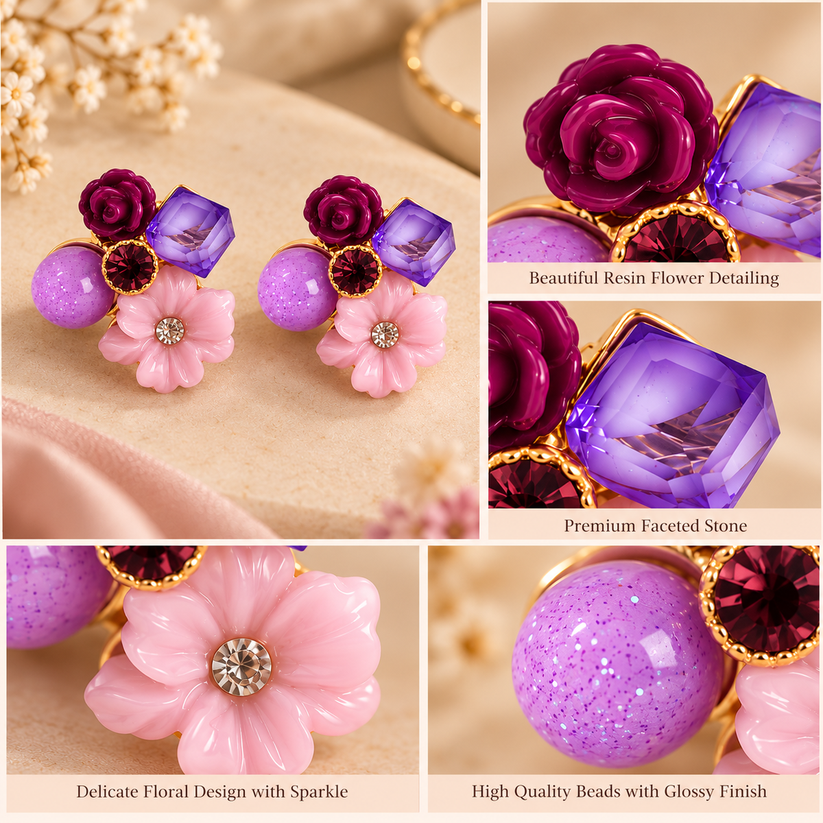 Aarvika Floral Resin Stud Earrings, Purple