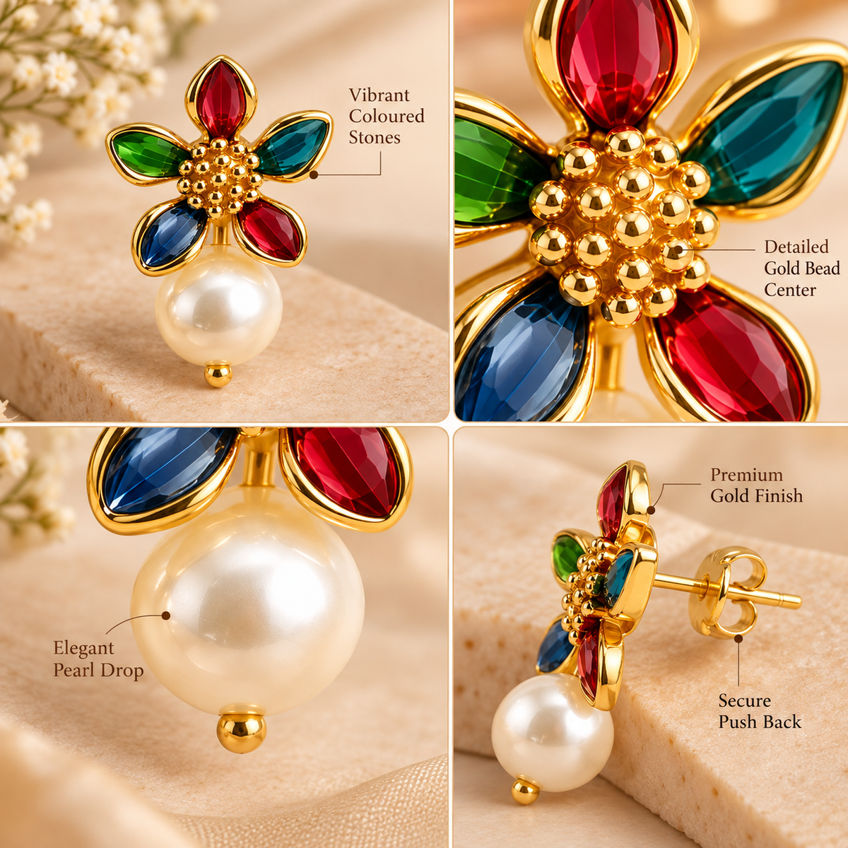 Aarvika Multicolor Floral Enamel Stud Earrings with Pearl Drop, Gold Tone