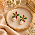 Aarvika Multicolor Floral Enamel Stud Earrings with Pearl Drop, Gold Tone