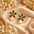 Aarvika Multicolor Floral Enamel Stud Earrings with Pearl Drop, Gold Tone