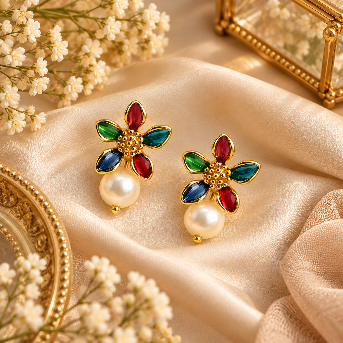 Aarvika Multicolor Floral Enamel Stud Earrings with Pearl Drop, Gold Tone