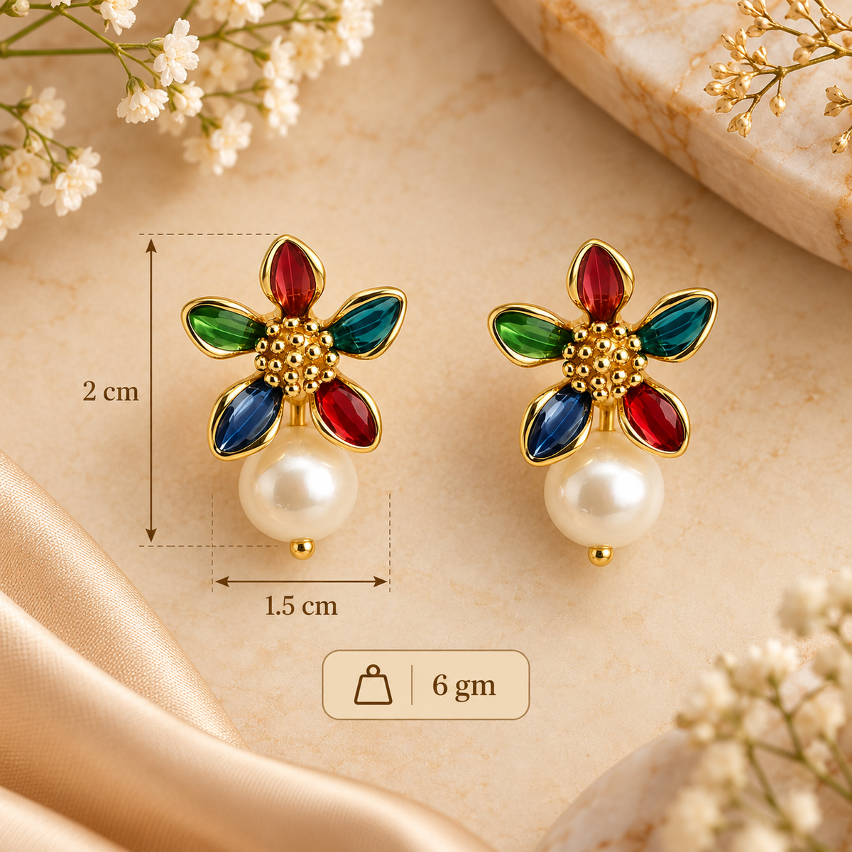 Aarvika Multicolor Floral Enamel Stud Earrings with Pearl Drop, Gold Tone