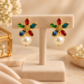 Aarvika Multicolor Floral Enamel Stud Earrings with Pearl Drop, Gold Tone
