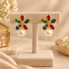 Aarvika Multicolor Floral Enamel Stud Earrings with Pearl Drop, Gold Tone