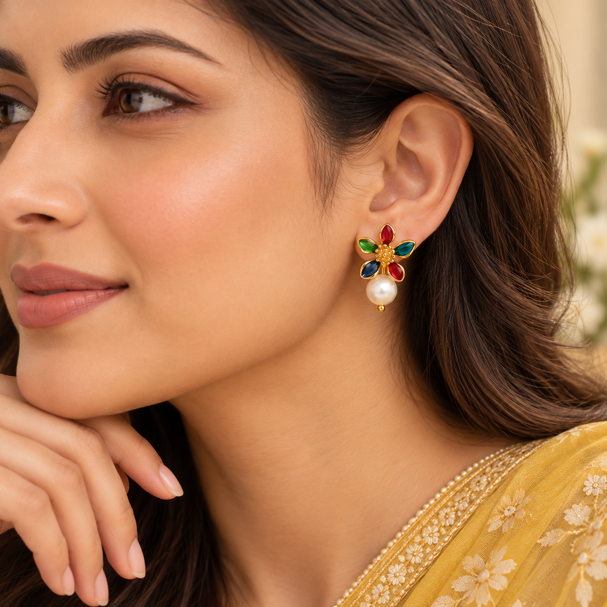 Aarvika Multicolor Floral Enamel Stud Earrings with Pearl Drop, Gold Tone