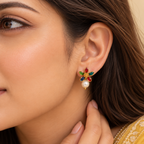 Aarvika Multicolor Floral Enamel Stud Earrings with Pearl Drop, Gold Tone