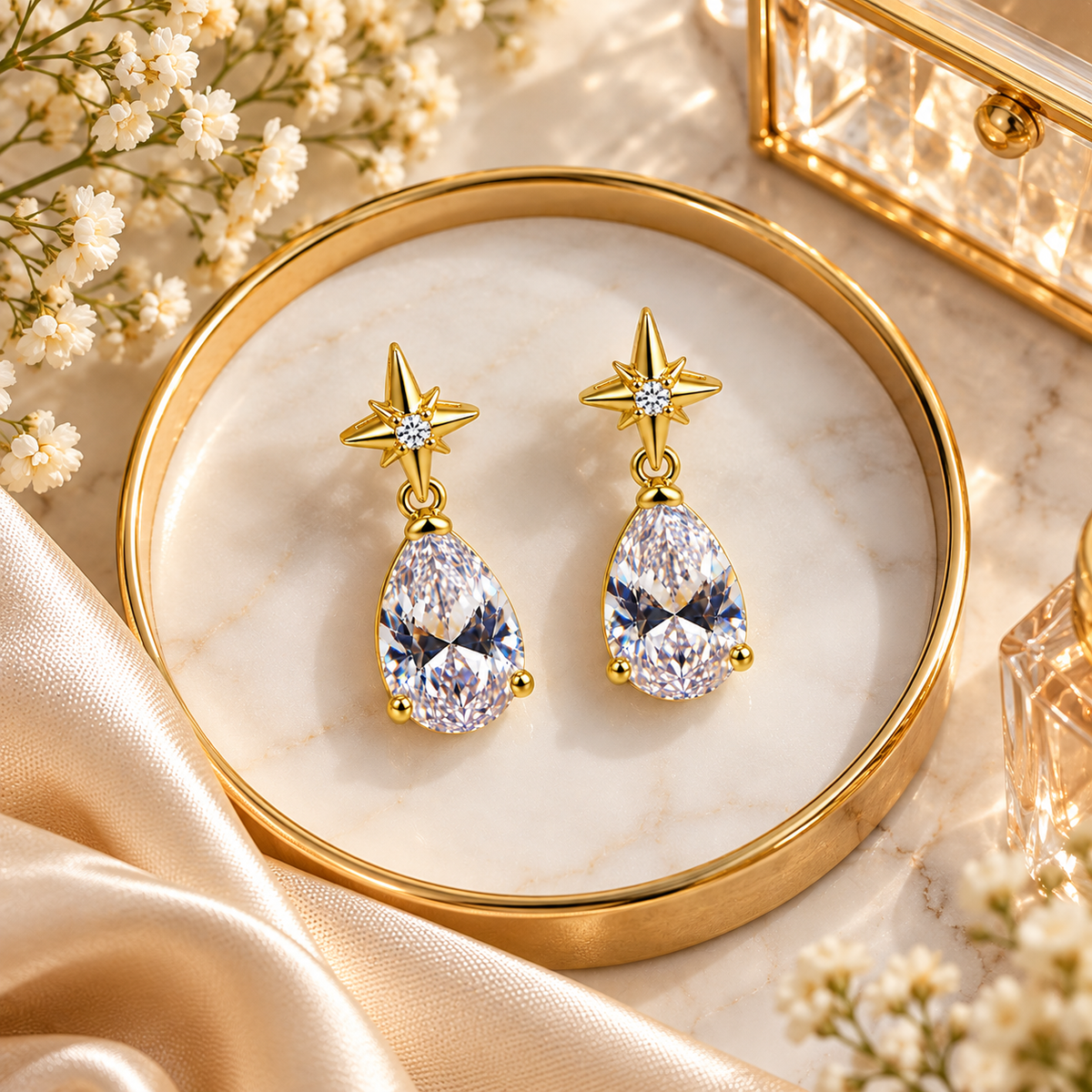Aarvika Crystal Drop Earrings with Star Stud, Gold Tone