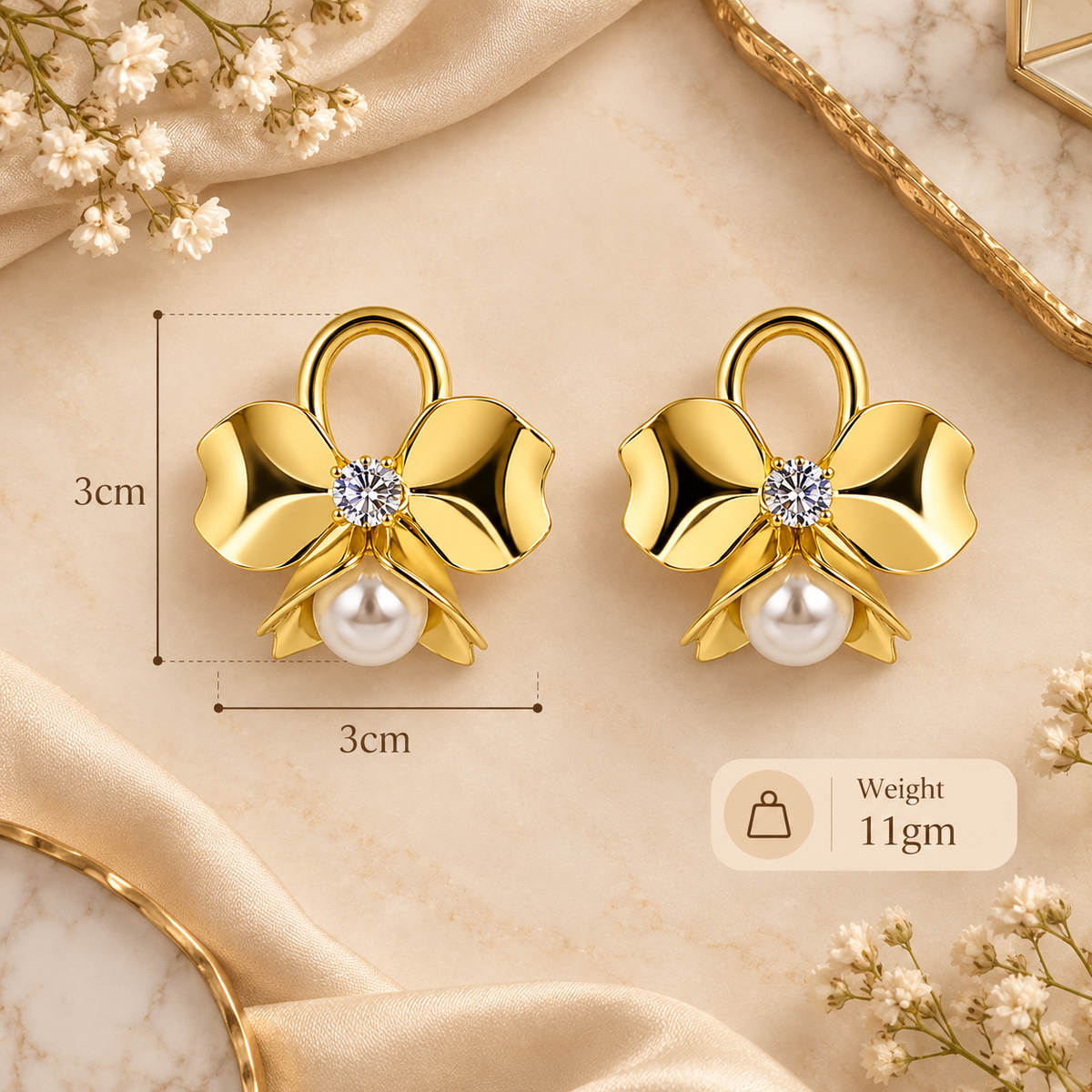 Aarvika Bow Stud Earrings with Crystal Centre and Pearl Drop