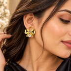 Aarvika Bow Stud Earrings with Crystal Centre and Pearl Drop