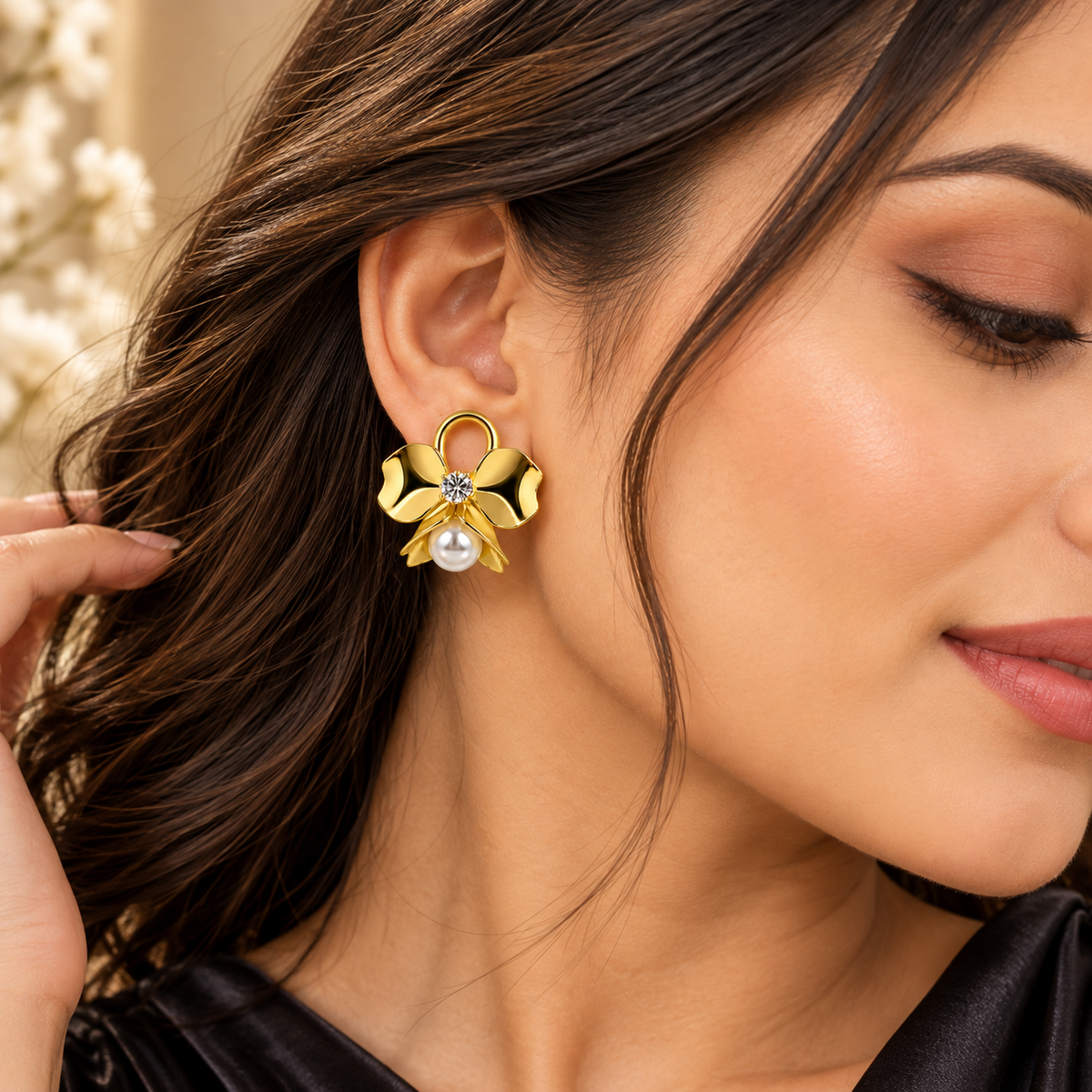Aarvika Bow Stud Earrings with Crystal Centre and Pearl Drop