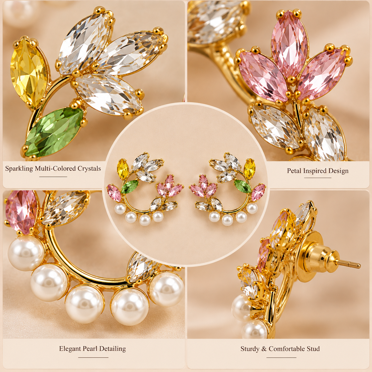 Aarvika Floral Hoop Earrings with Multicolor Crystal & Pearl