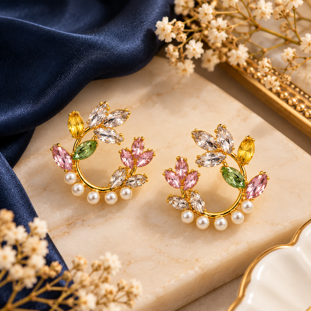 Aarvika Floral Hoop Earrings with Multicolor Crystal & Pearl