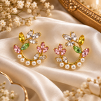 Aarvika Floral Hoop Earrings with Multicolor Crystal & Pearl