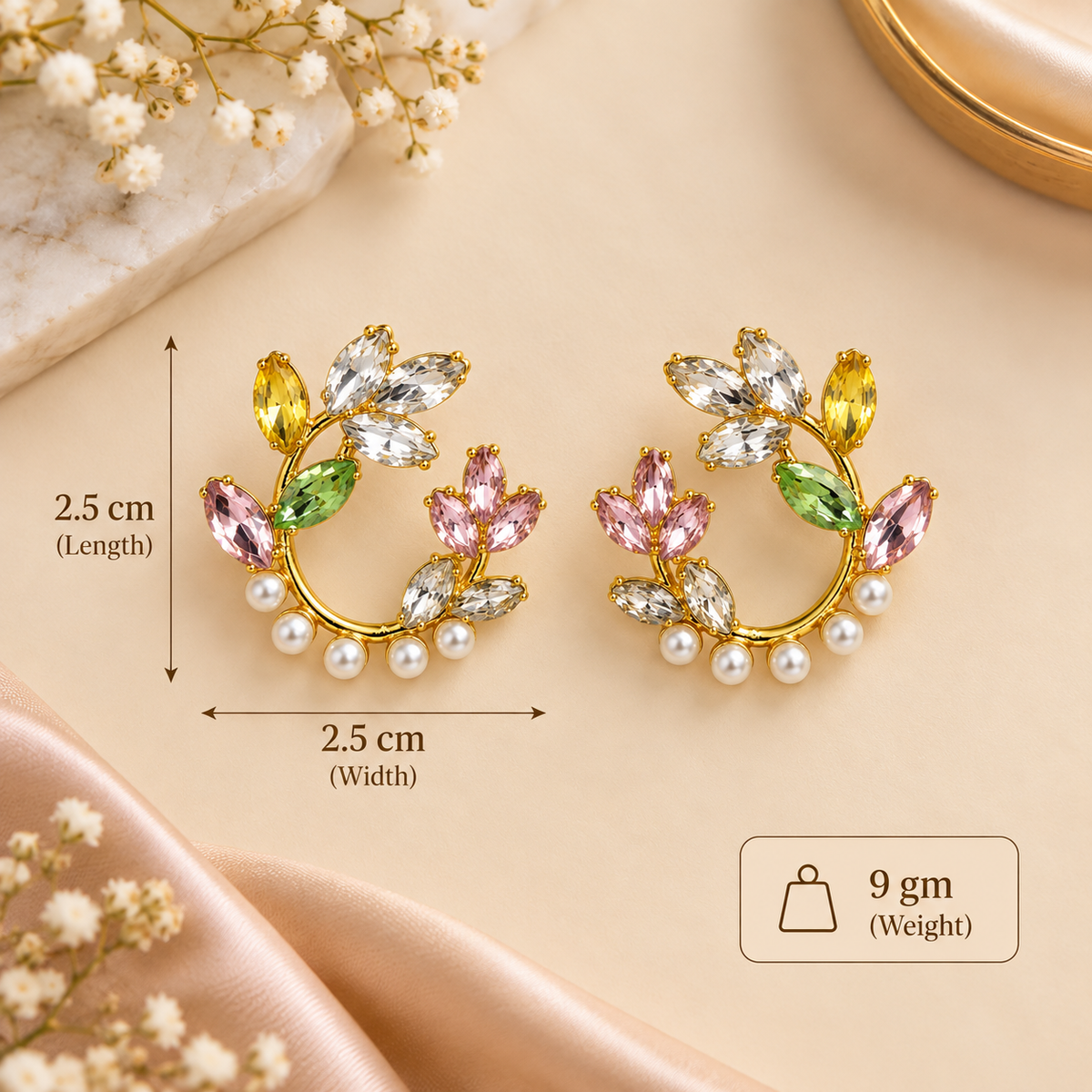Aarvika Floral Hoop Earrings with Multicolor Crystal & Pearl