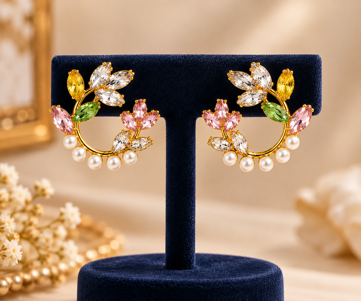 Aarvika Floral Hoop Earrings with Multicolor Crystal & Pearl