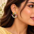 Aarvika Floral Hoop Earrings with Multicolor Crystal & Pearl