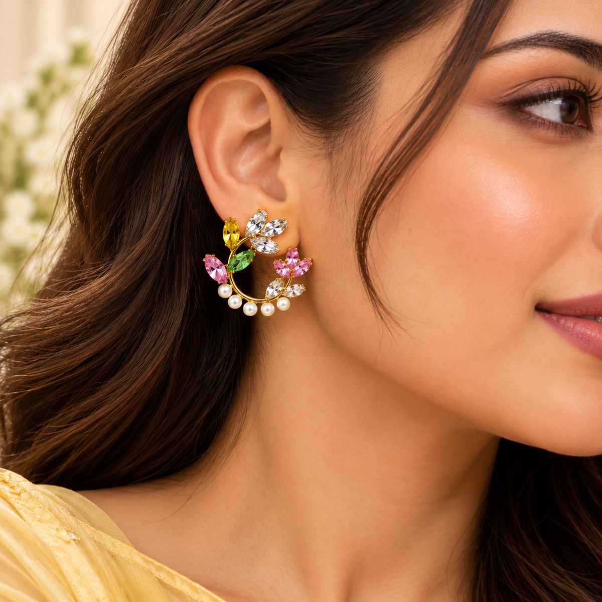 Aarvika Floral Hoop Earrings with Multicolor Crystal & Pearl