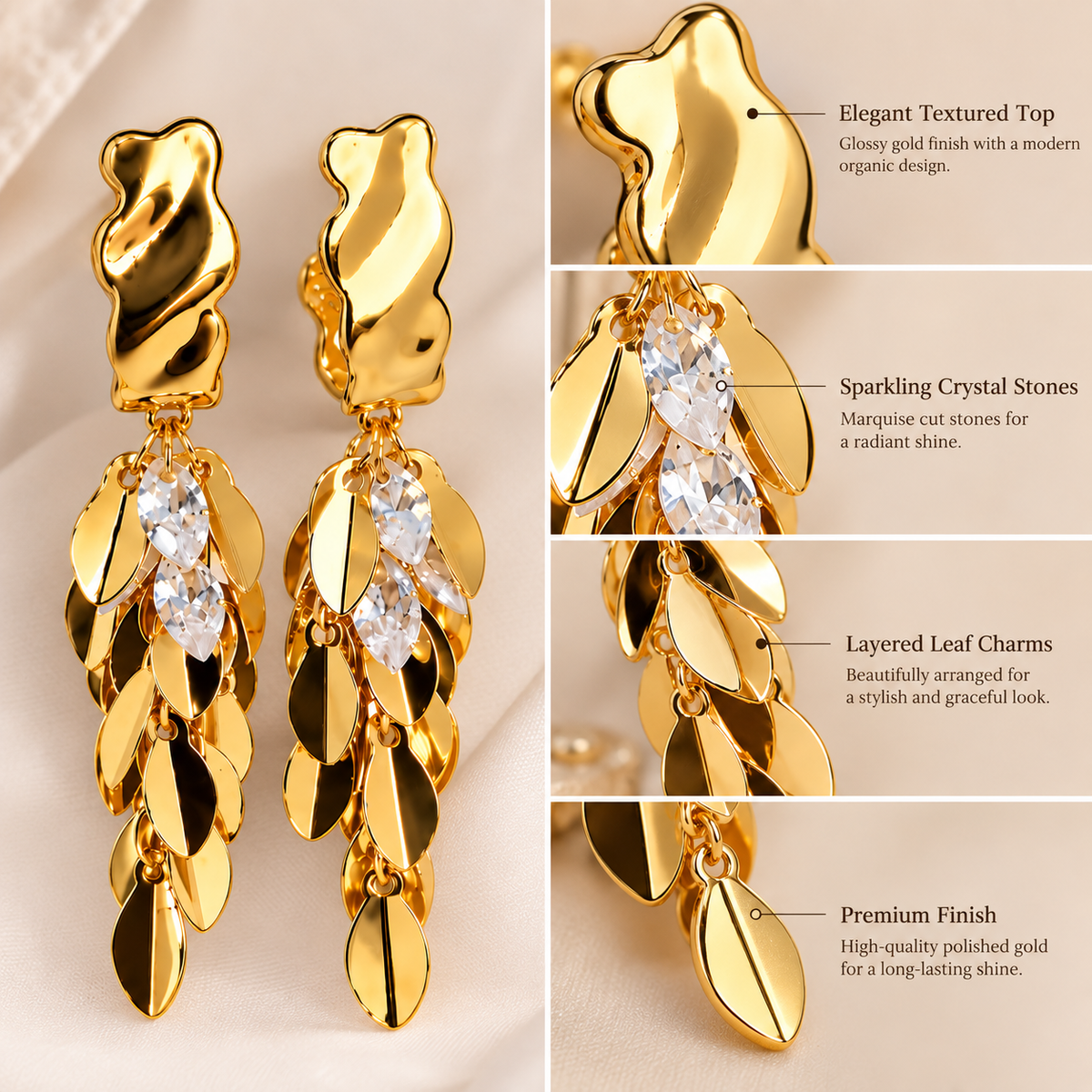 Aarvika Gold Tone Leaf Drop Earrings with Clear Crystal Accents