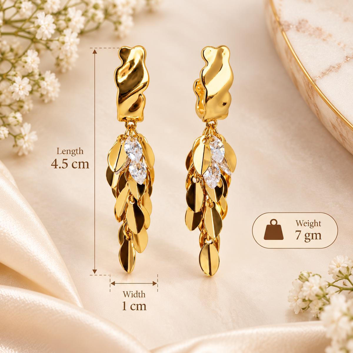 Aarvika Gold Tone Leaf Drop Earrings with Clear Crystal Accents