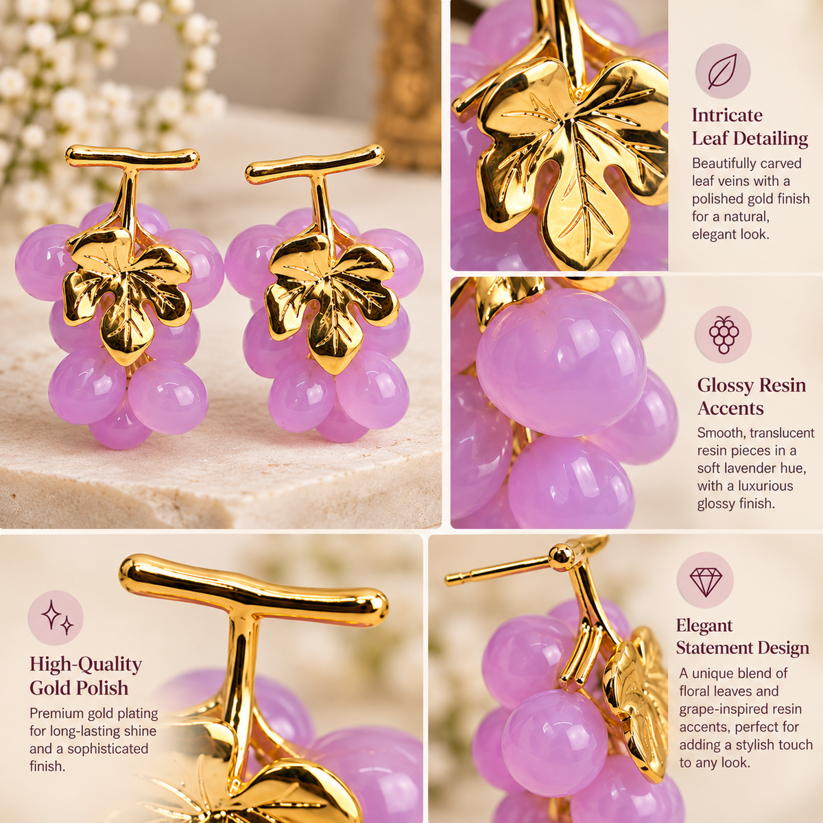 Aarvika Purple Grape Design Earrings with Gold-Tone Leaf