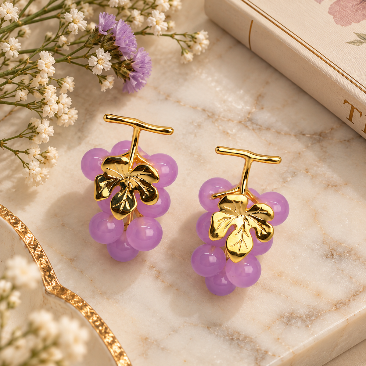 Aarvika Purple Grape Design Earrings with Gold-Tone Leaf